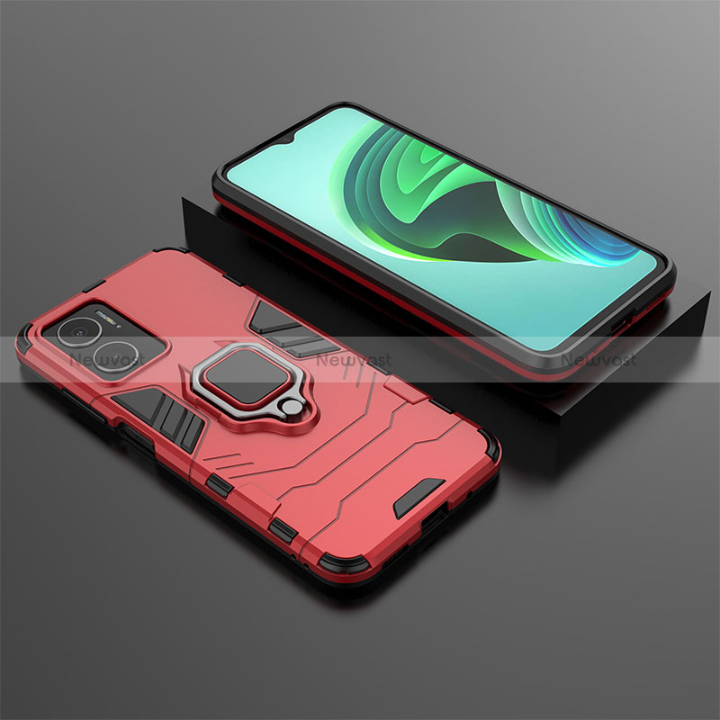 Silicone Matte Finish and Plastic Back Cover Case with Magnetic Finger Ring Stand KC1 for Xiaomi Redmi 11 Prime 5G Red