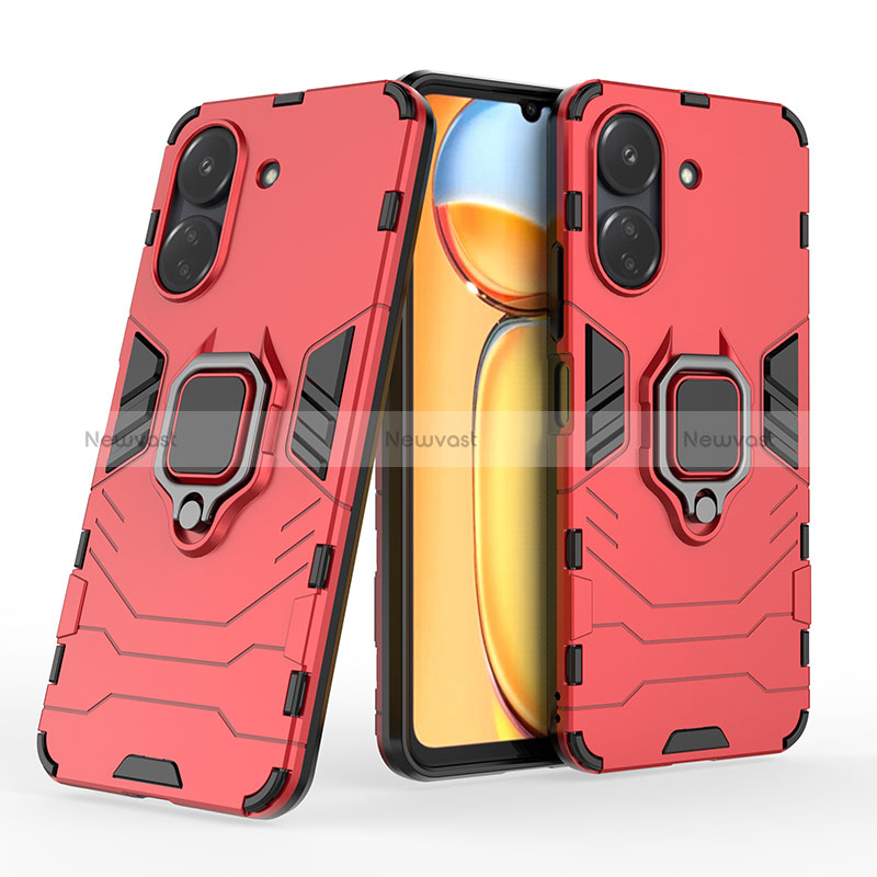 Silicone Matte Finish and Plastic Back Cover Case with Magnetic Finger Ring Stand KC1 for Xiaomi Redmi 13C