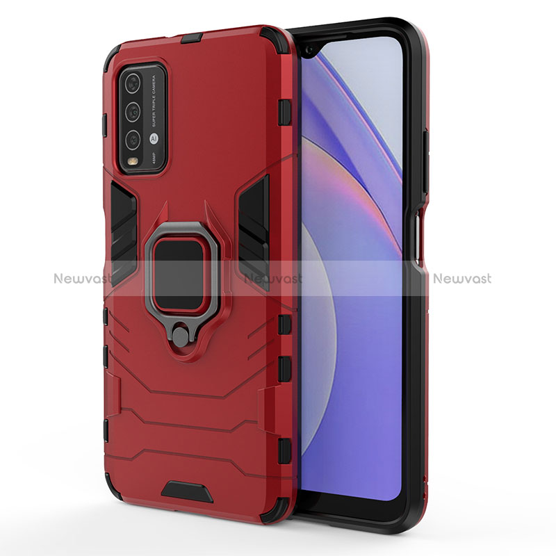 Silicone Matte Finish and Plastic Back Cover Case with Magnetic Finger Ring Stand KC1 for Xiaomi Redmi 9 Power