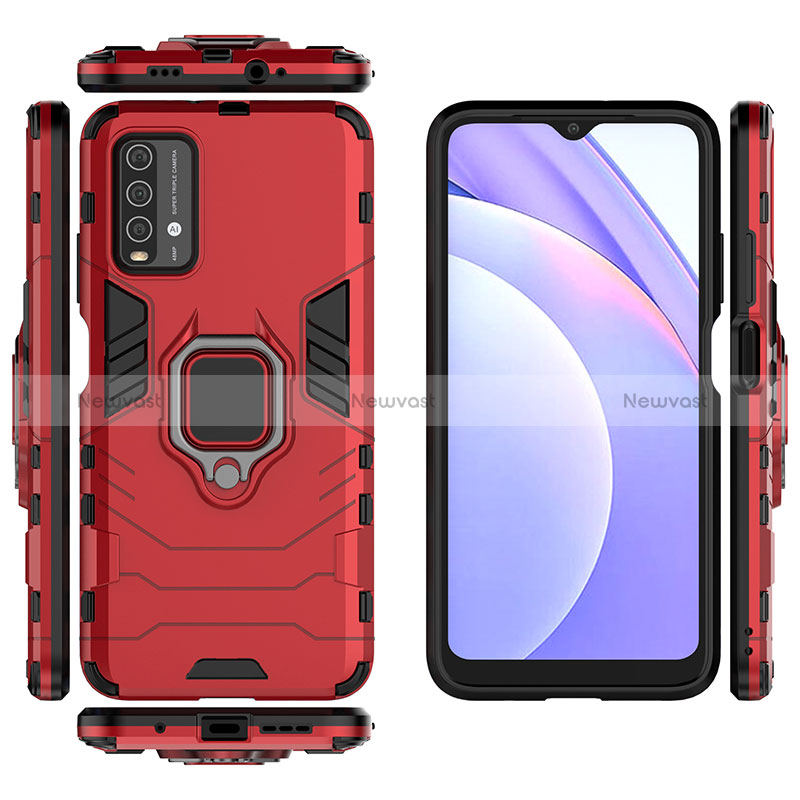 Silicone Matte Finish and Plastic Back Cover Case with Magnetic Finger Ring Stand KC1 for Xiaomi Redmi 9 Power