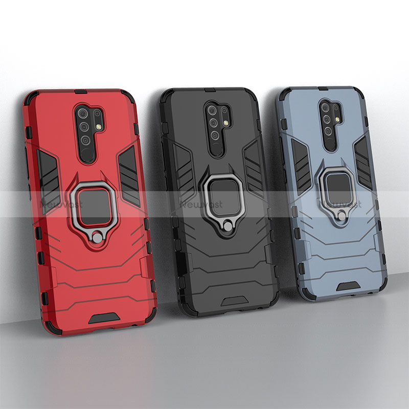 Silicone Matte Finish and Plastic Back Cover Case with Magnetic Finger Ring Stand KC1 for Xiaomi Redmi 9 Prime India