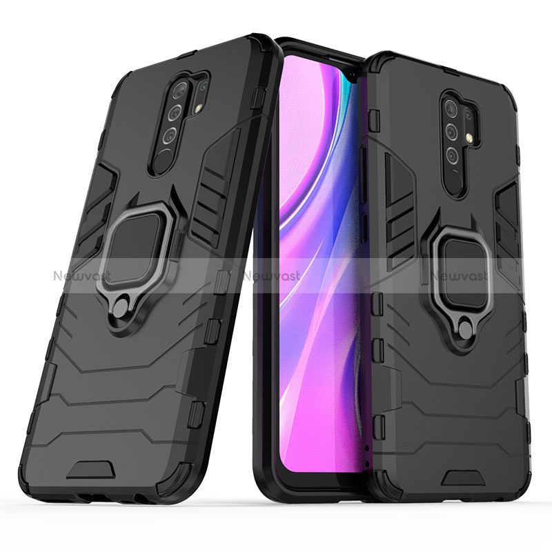 Silicone Matte Finish and Plastic Back Cover Case with Magnetic Finger Ring Stand KC1 for Xiaomi Redmi 9 Prime India