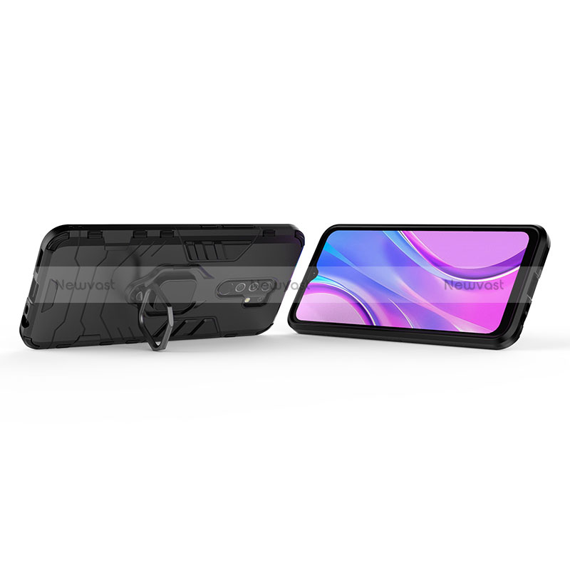 Silicone Matte Finish and Plastic Back Cover Case with Magnetic Finger Ring Stand KC1 for Xiaomi Redmi 9 Prime India