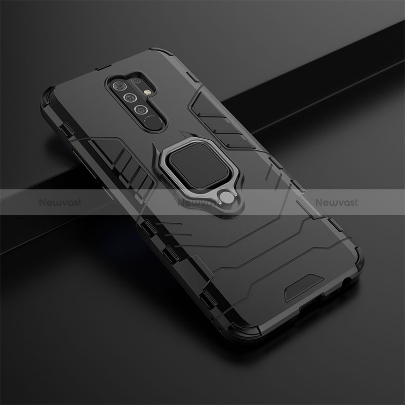 Silicone Matte Finish and Plastic Back Cover Case with Magnetic Finger Ring Stand KC1 for Xiaomi Redmi 9 Prime India