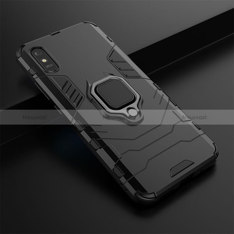 Silicone Matte Finish and Plastic Back Cover Case with Magnetic Finger Ring Stand KC1 for Xiaomi Redmi 9A