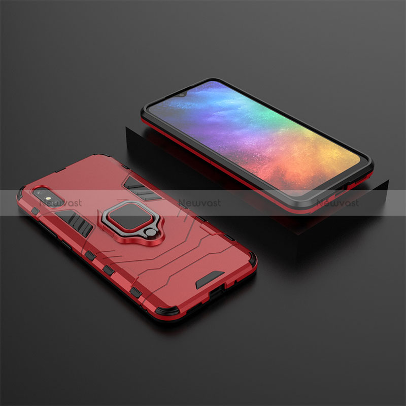 Silicone Matte Finish and Plastic Back Cover Case with Magnetic Finger Ring Stand KC1 for Xiaomi Redmi 9AT Red