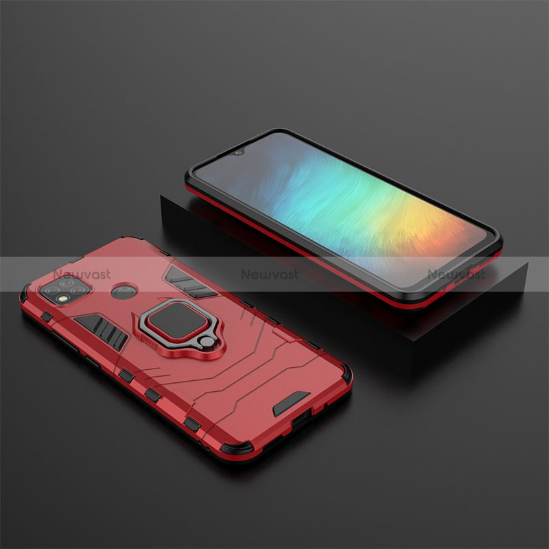Silicone Matte Finish and Plastic Back Cover Case with Magnetic Finger Ring Stand KC1 for Xiaomi Redmi 9C Red