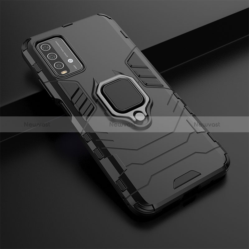 Silicone Matte Finish and Plastic Back Cover Case with Magnetic Finger Ring Stand KC1 for Xiaomi Redmi 9T 4G