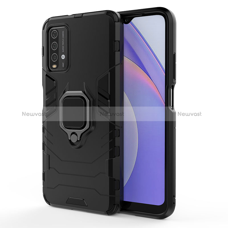 Silicone Matte Finish and Plastic Back Cover Case with Magnetic Finger Ring Stand KC1 for Xiaomi Redmi 9T 4G Black