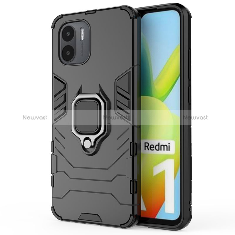 Silicone Matte Finish and Plastic Back Cover Case with Magnetic Finger Ring Stand KC1 for Xiaomi Redmi A1 Black