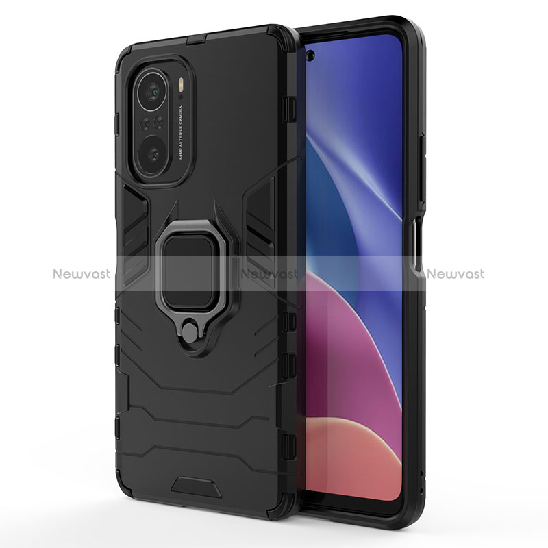 Silicone Matte Finish and Plastic Back Cover Case with Magnetic Finger Ring Stand KC1 for Xiaomi Redmi K40 Pro 5G Black