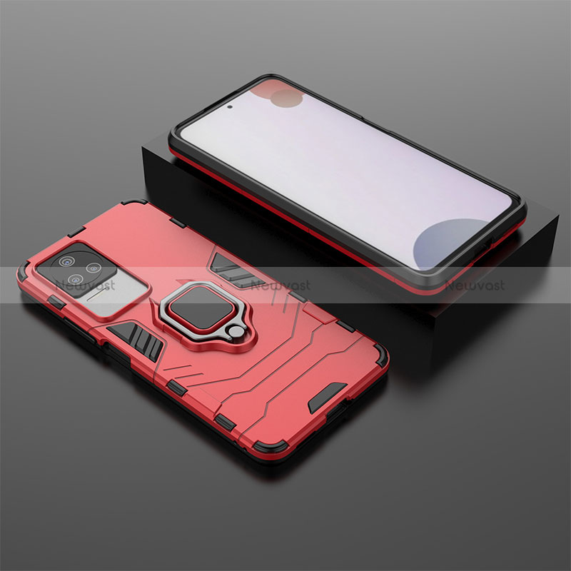 Silicone Matte Finish and Plastic Back Cover Case with Magnetic Finger Ring Stand KC1 for Xiaomi Redmi K50 5G Red