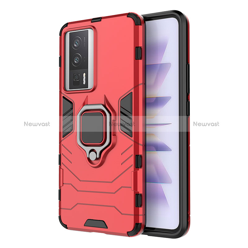 Silicone Matte Finish and Plastic Back Cover Case with Magnetic Finger Ring Stand KC1 for Xiaomi Redmi K60 Pro 5G Red