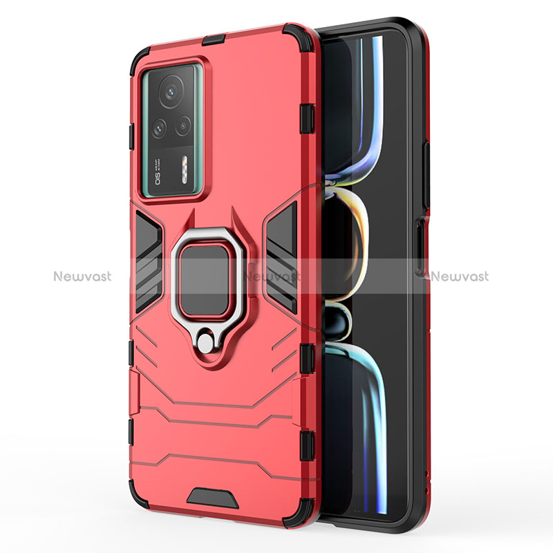 Silicone Matte Finish and Plastic Back Cover Case with Magnetic Finger Ring Stand KC1 for Xiaomi Redmi K60E 5G