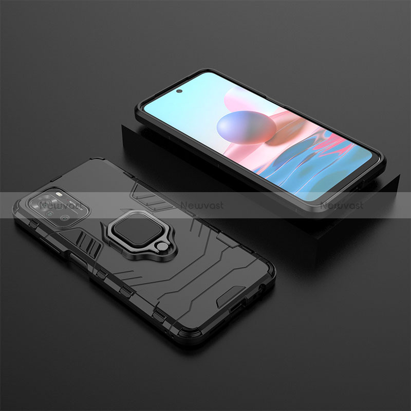 Silicone Matte Finish and Plastic Back Cover Case with Magnetic Finger Ring Stand KC1 for Xiaomi Redmi Note 10 4G