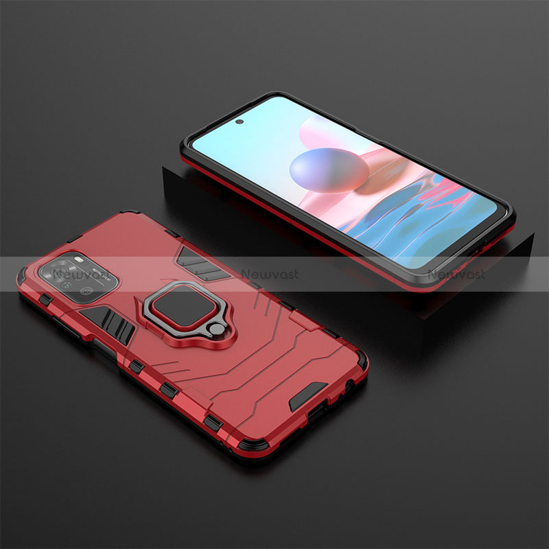 Silicone Matte Finish and Plastic Back Cover Case with Magnetic Finger Ring Stand KC1 for Xiaomi Redmi Note 10 4G