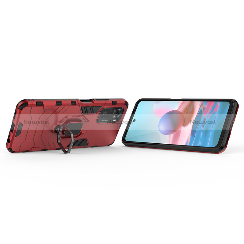 Silicone Matte Finish and Plastic Back Cover Case with Magnetic Finger Ring Stand KC1 for Xiaomi Redmi Note 10 4G