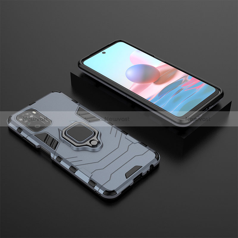 Silicone Matte Finish and Plastic Back Cover Case with Magnetic Finger Ring Stand KC1 for Xiaomi Redmi Note 10 4G Blue