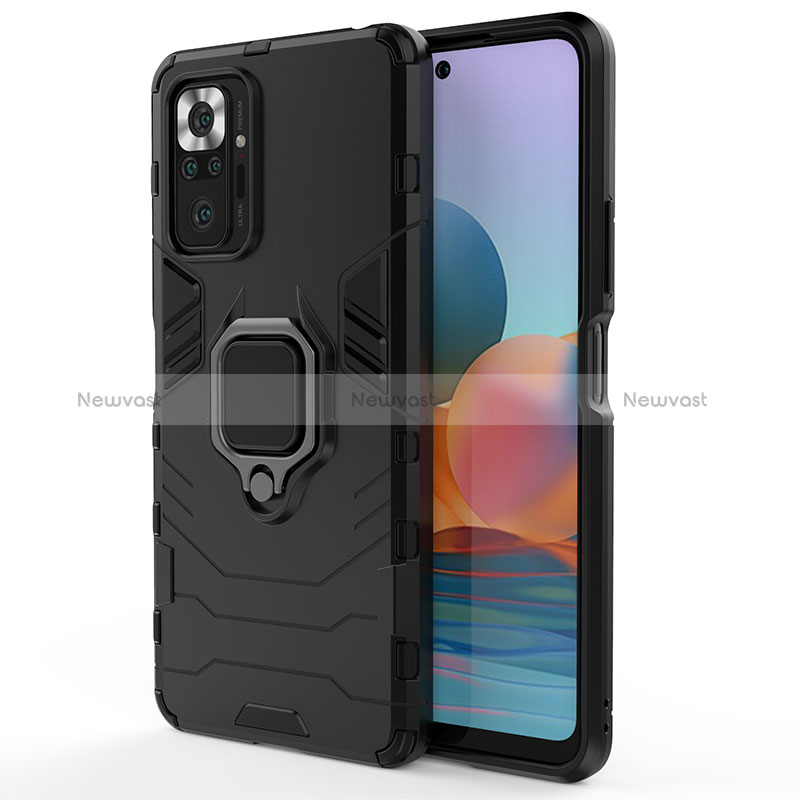 Silicone Matte Finish and Plastic Back Cover Case with Magnetic Finger Ring Stand KC1 for Xiaomi Redmi Note 10 Pro 4G Black