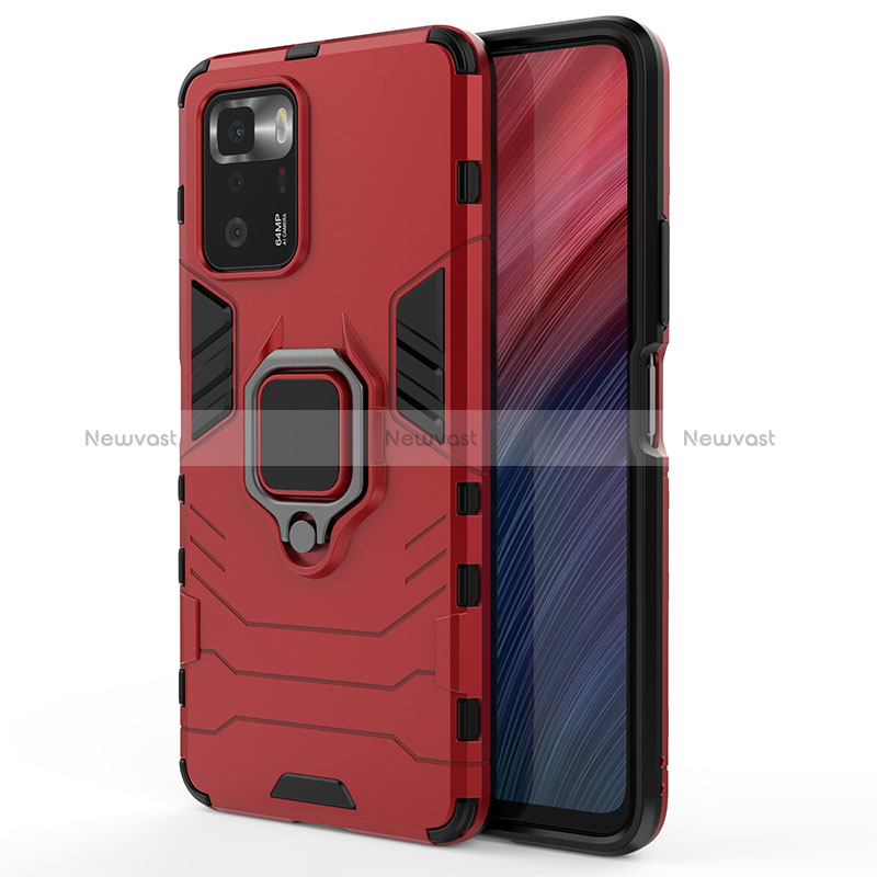 Silicone Matte Finish and Plastic Back Cover Case with Magnetic Finger Ring Stand KC1 for Xiaomi Redmi Note 10 Pro 5G Red