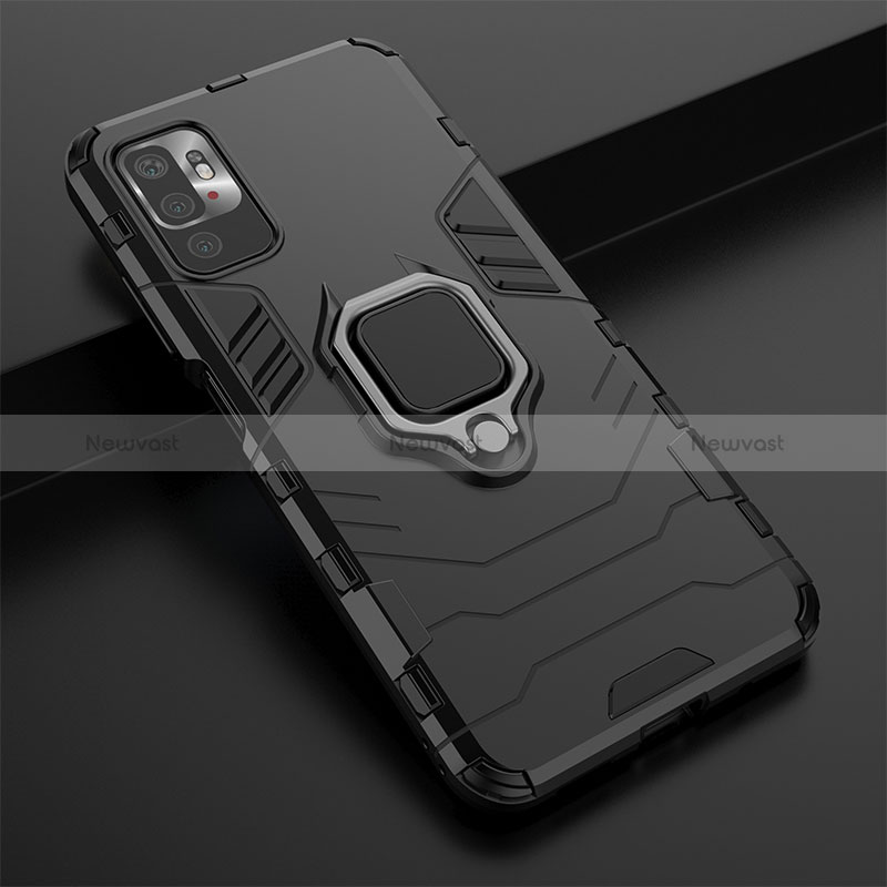 Silicone Matte Finish and Plastic Back Cover Case with Magnetic Finger Ring Stand KC1 for Xiaomi Redmi Note 10T 5G