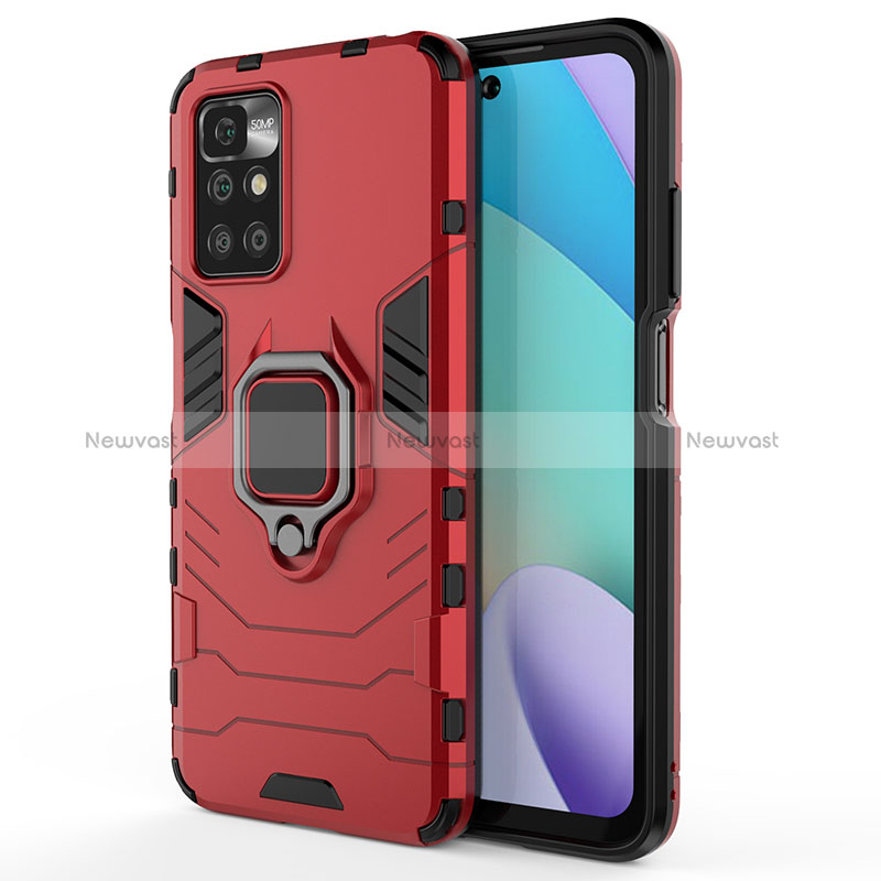 Silicone Matte Finish and Plastic Back Cover Case with Magnetic Finger Ring Stand KC1 for Xiaomi Redmi Note 11 4G (2021) Red