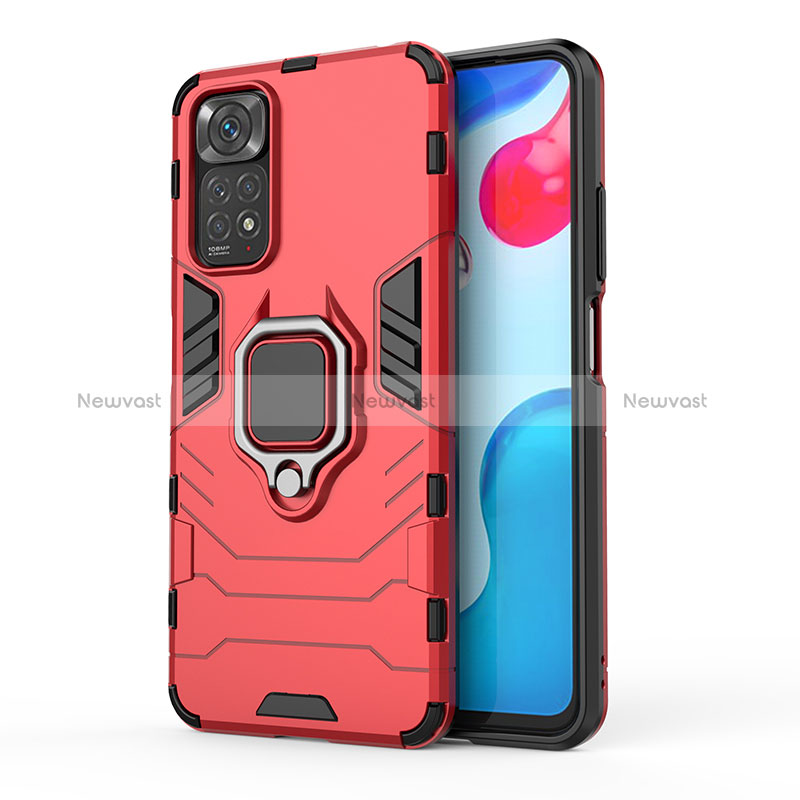 Silicone Matte Finish and Plastic Back Cover Case with Magnetic Finger Ring Stand KC1 for Xiaomi Redmi Note 11 4G (2022)