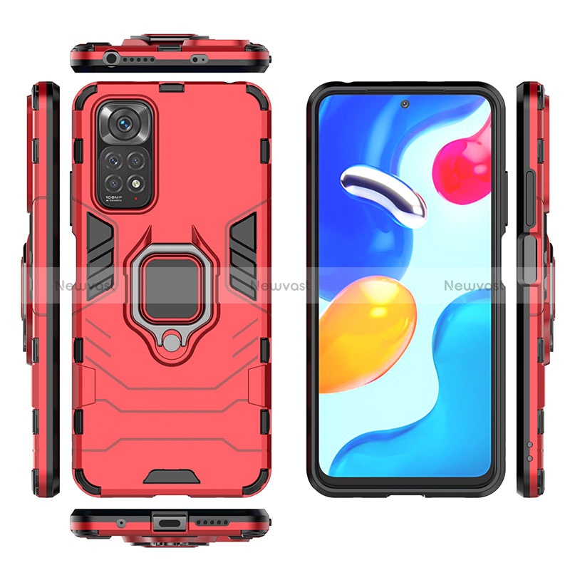 Silicone Matte Finish and Plastic Back Cover Case with Magnetic Finger Ring Stand KC1 for Xiaomi Redmi Note 11 4G (2022)