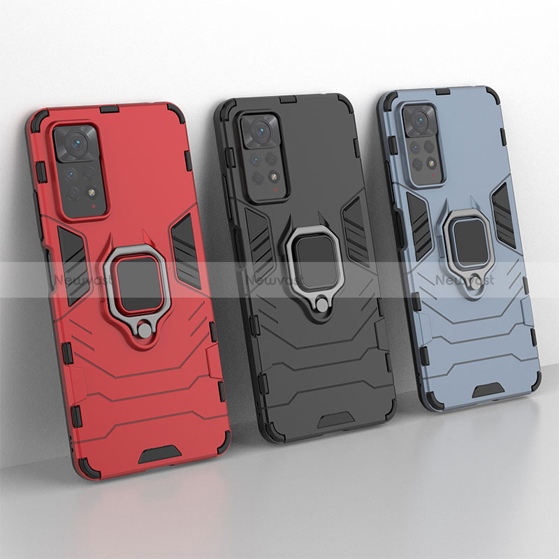 Silicone Matte Finish and Plastic Back Cover Case with Magnetic Finger Ring Stand KC1 for Xiaomi Redmi Note 11 Pro 5G