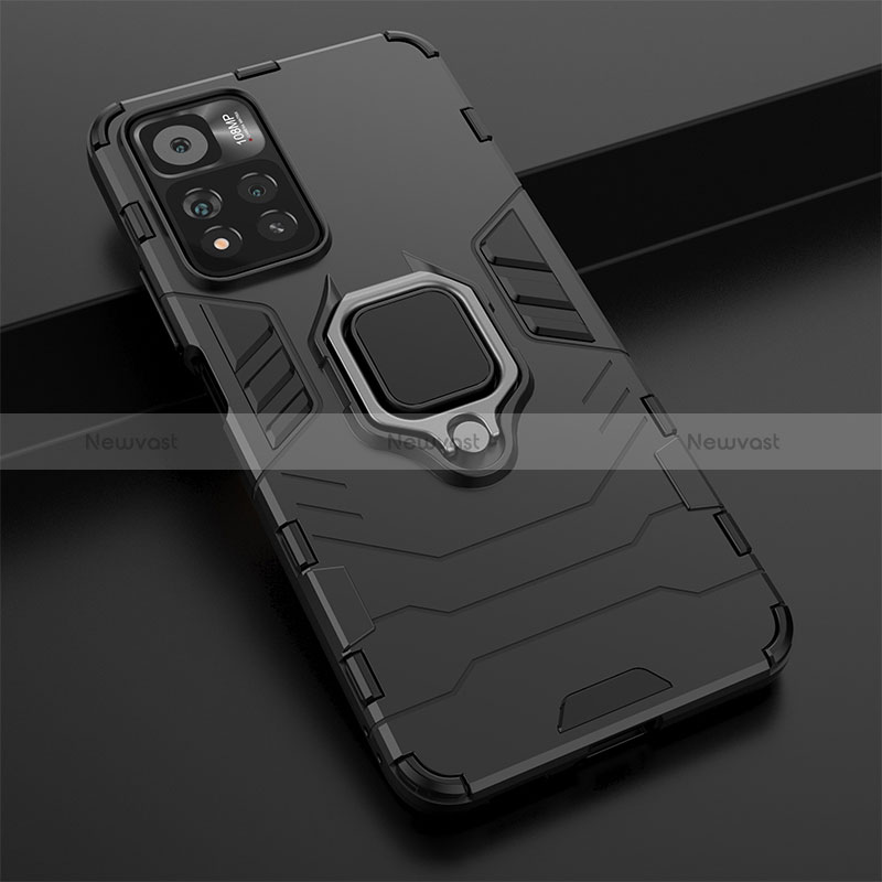 Silicone Matte Finish and Plastic Back Cover Case with Magnetic Finger Ring Stand KC1 for Xiaomi Redmi Note 11 Pro+ Plus 5G