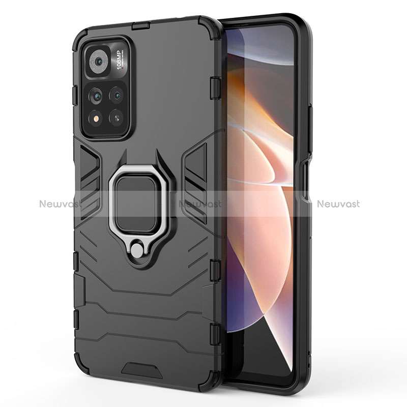 Silicone Matte Finish and Plastic Back Cover Case with Magnetic Finger Ring Stand KC1 for Xiaomi Redmi Note 11 Pro+ Plus 5G Black