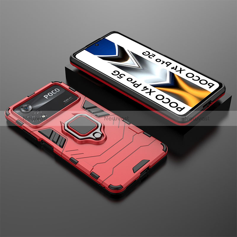 Silicone Matte Finish and Plastic Back Cover Case with Magnetic Finger Ring Stand KC1 for Xiaomi Redmi Note 11E Pro 5G Red