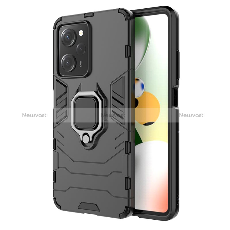 Silicone Matte Finish and Plastic Back Cover Case with Magnetic Finger Ring Stand KC1 for Xiaomi Redmi Note 12 Pro Speed 5G Black