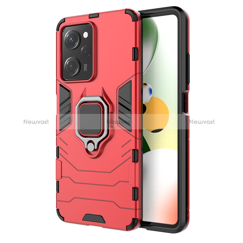 Silicone Matte Finish and Plastic Back Cover Case with Magnetic Finger Ring Stand KC1 for Xiaomi Redmi Note 12 Pro Speed 5G Red