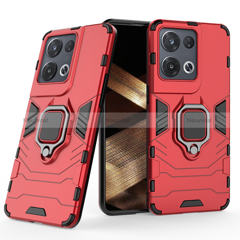 Silicone Matte Finish and Plastic Back Cover Case with Magnetic Finger Ring Stand KC1 for Xiaomi Redmi Note 13 Pro 5G Red