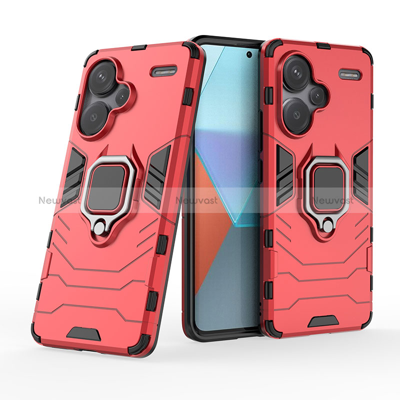 Silicone Matte Finish and Plastic Back Cover Case with Magnetic Finger Ring Stand KC1 for Xiaomi Redmi Note 13 Pro+ Plus 5G