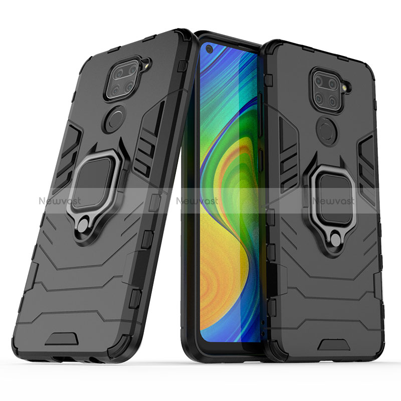 Silicone Matte Finish and Plastic Back Cover Case with Magnetic Finger Ring Stand KC1 for Xiaomi Redmi Note 9