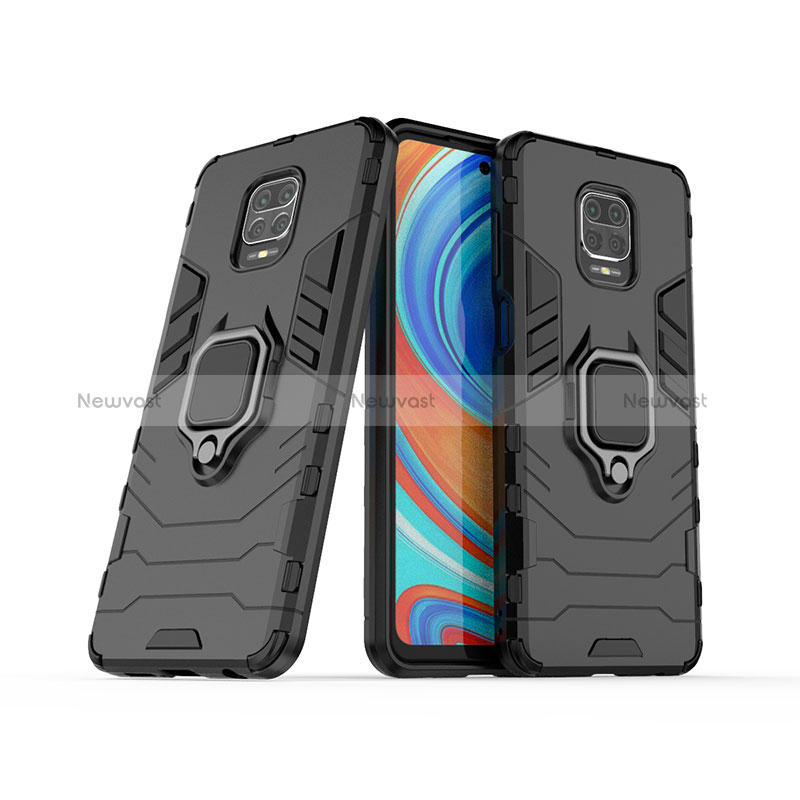 Silicone Matte Finish and Plastic Back Cover Case with Magnetic Finger Ring Stand KC1 for Xiaomi Redmi Note 9 Pro