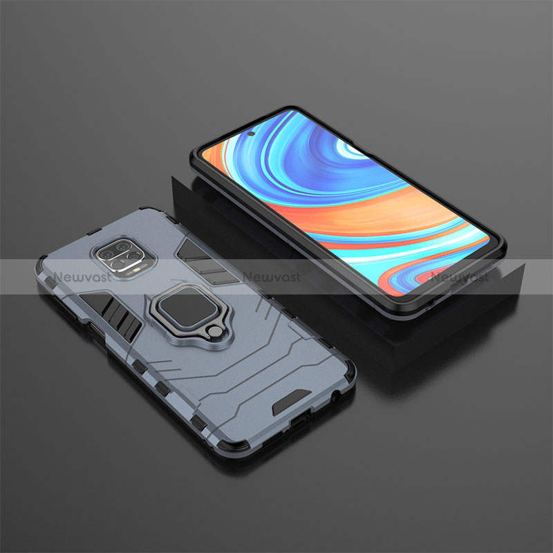 Silicone Matte Finish and Plastic Back Cover Case with Magnetic Finger Ring Stand KC1 for Xiaomi Redmi Note 9S Blue