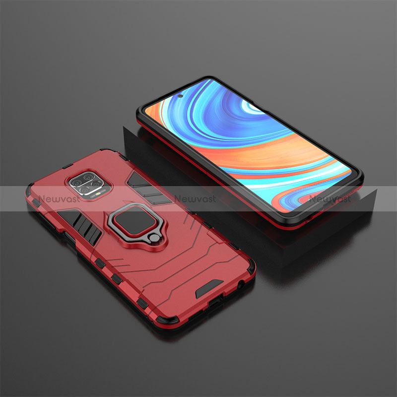 Silicone Matte Finish and Plastic Back Cover Case with Magnetic Finger Ring Stand KC1 for Xiaomi Redmi Note 9S Red