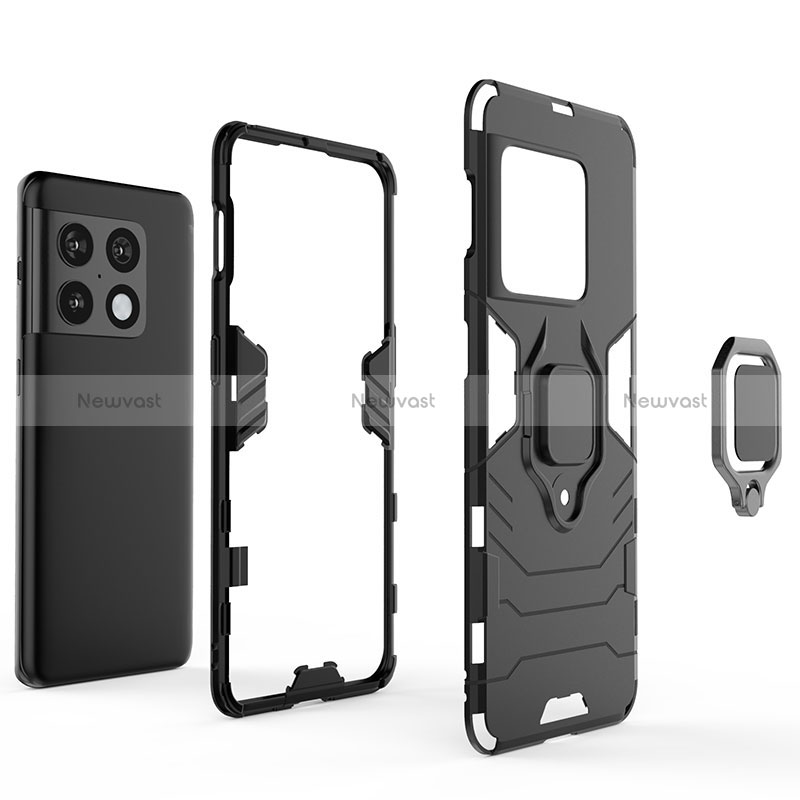 Silicone Matte Finish and Plastic Back Cover Case with Magnetic Finger Ring Stand KC2 for OnePlus 10 Pro 5G