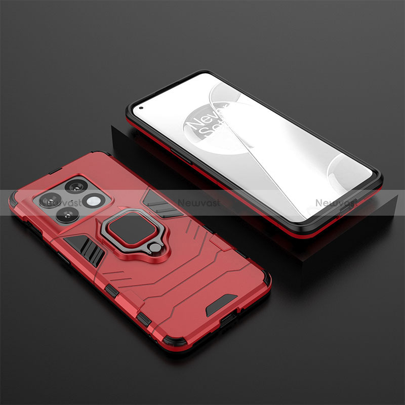 Silicone Matte Finish and Plastic Back Cover Case with Magnetic Finger Ring Stand KC2 for OnePlus 10 Pro 5G