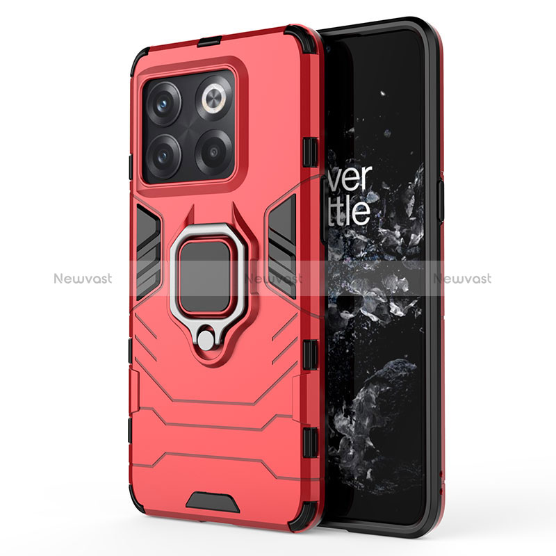 Silicone Matte Finish and Plastic Back Cover Case with Magnetic Finger Ring Stand KC2 for OnePlus 10T 5G Red