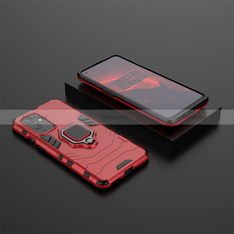 Silicone Matte Finish and Plastic Back Cover Case with Magnetic Finger Ring Stand KC2 for OnePlus 9 5G