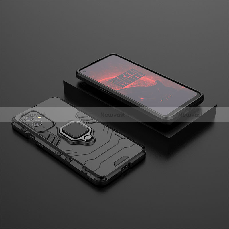 Silicone Matte Finish and Plastic Back Cover Case with Magnetic Finger Ring Stand KC2 for OnePlus 9 5G Black