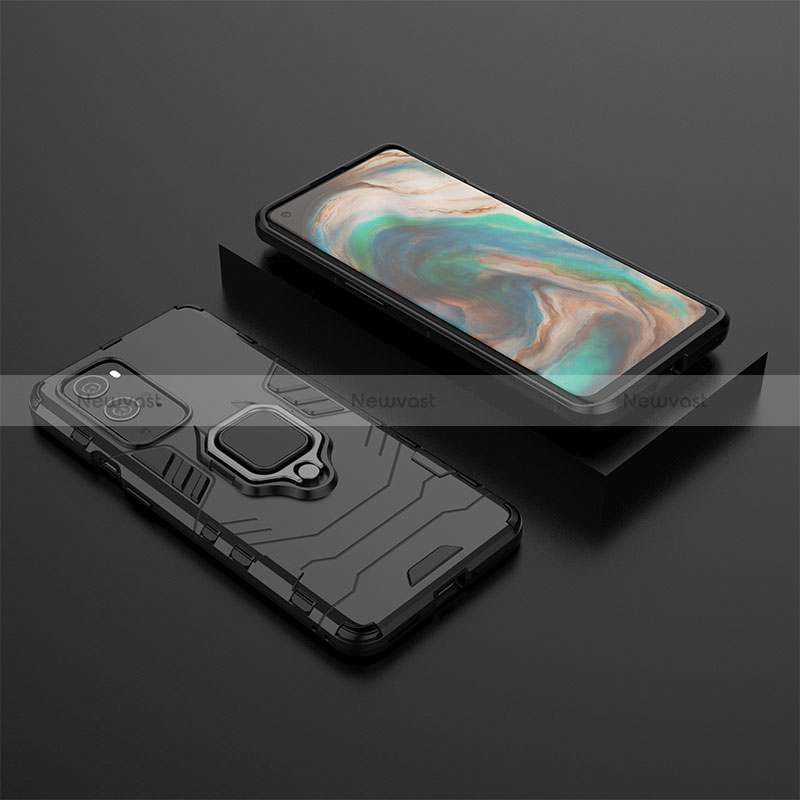 Silicone Matte Finish and Plastic Back Cover Case with Magnetic Finger Ring Stand KC2 for OnePlus 9 Pro 5G