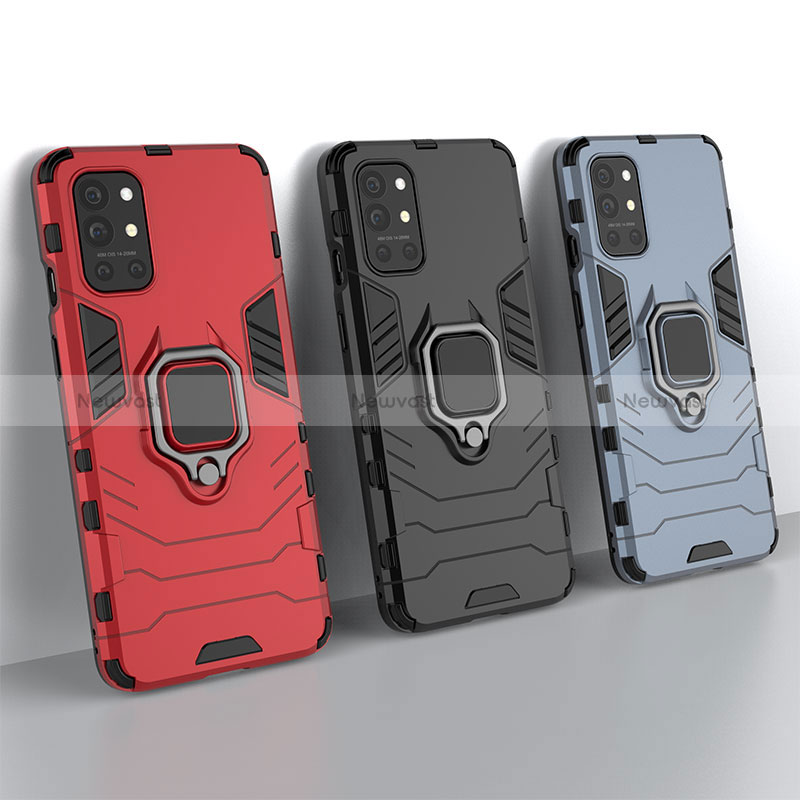 Silicone Matte Finish and Plastic Back Cover Case with Magnetic Finger Ring Stand KC2 for OnePlus 9R 5G