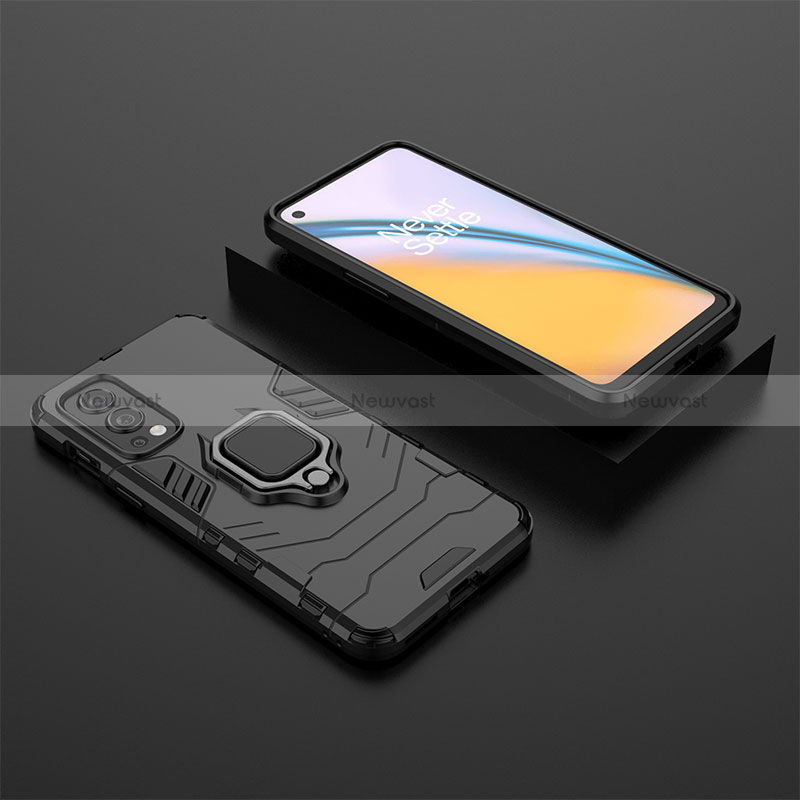 Silicone Matte Finish and Plastic Back Cover Case with Magnetic Finger Ring Stand KC2 for OnePlus Nord 2 5G