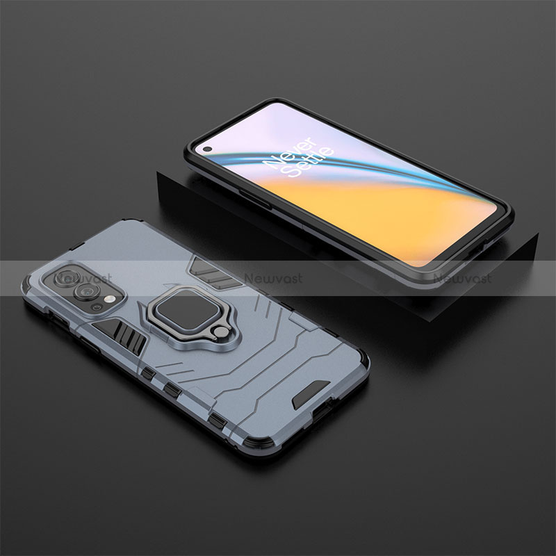 Silicone Matte Finish and Plastic Back Cover Case with Magnetic Finger Ring Stand KC2 for OnePlus Nord 2 5G Blue