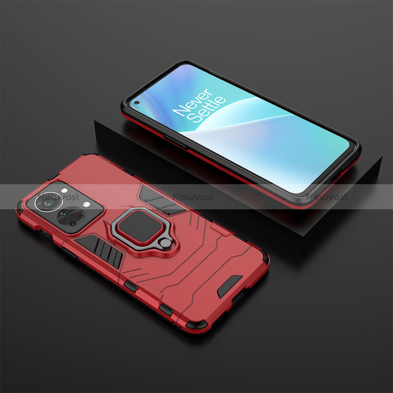 Silicone Matte Finish and Plastic Back Cover Case with Magnetic Finger Ring Stand KC2 for OnePlus Nord 2T 5G